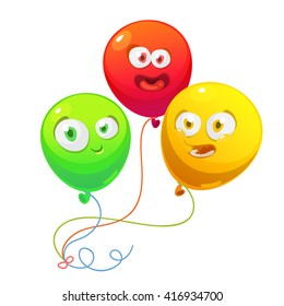 Vector illustration of a set of colourful birthday or party balloons and ribbons with funny smyle