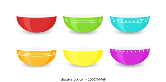 Vector illustration set of colourful empty bowls isolated on white background. Porcelain ceramic plates, colored dishware bowl collection.