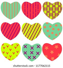 Vector illustration. Set of colourful  hearts with ornament on white background. Isolated.