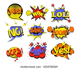 Vector illustration set of comic text, Pop Art style popular words yes, no, lol and oops. Omg, wow and other bright colors words in pin up and pop art style on white background.