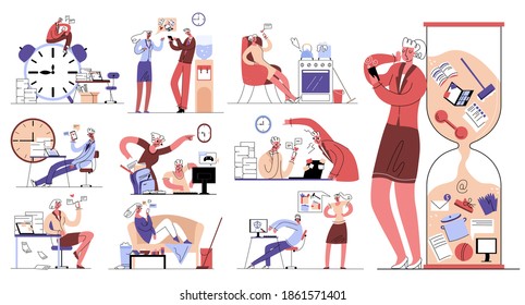 Vector illustration with set of compositions in concept procrastination, laziness, gadget addiction, at home, work. You can use them as separate elements in corresponding topic.