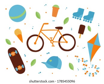 Vector illustration: set of concept park elements. Ice cream, bike, skateboard, rollers.