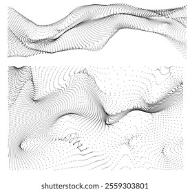 Vector illustration set consisting of background and line with particle flows in black and white. Abstract monochrome pattern of black dots swirl motion. Sound or digital technology.