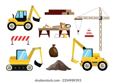 Vector illustration of a set of construction equipment in cartoon style. Tools, lathes, bags, signs, boards, crane and cars isolated on white background. Construction.