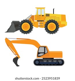 Vector illustration set of construction machinery. Heavy machine for construction and mining company. Transportation machinery for engineering. Illustration and icon for web and advertising logo