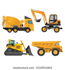 Conjunto de Ilustración vectorial de maquinaria de construcción. Máquina pesada para la construcción y la empresa minera. Maquinaria de Transporte para ingeniería. Ilustración e icono para el logotipo del Web y de la publicidad