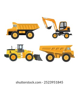 Conjunto de Ilustración vectorial de maquinaria de construcción. Máquina pesada para la construcción y la empresa minera. Maquinaria de Transporte para ingeniería. Ilustración e icono para el logotipo del Web y de la publicidad