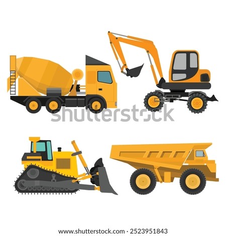 Vector illustration set of construction machinery. Heavy machine for construction and mining company. Transportation machinery for engineering. Illustration and icon for web and advertising logo