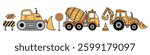 Vector illustration set of construction vehicles and equipment, including a bulldozer, cement mixer, excavator, tractor, road signs, and barriers. Perfect for kids' designs, stickers, and prints.