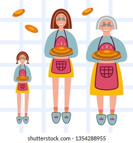 Vector illustration set contaned girl, woman and grandmother who made homemade pie.