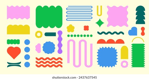 Vektorgrafik. Set von zeitgenössischen pastellfarbenen Ornamenten und Geometriefiguren im gezeichneten Cartoon-Art-Stil vor gelbem Hintergrund. Moderne Icons und Grafiken. Minimalistisches Design.