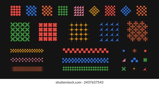Ilustración vectorial. Conjunto de adornos coloridos contemporáneos vibrantes y figuras de geometría en estilo dibujado de arte de dibujos animados contra fondo negro. Iconos y gráficos. Diseño minimalista.