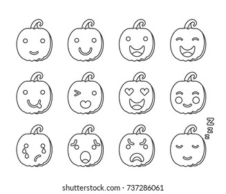 Vector illustration: set of contour 12  
facial features of Halloween Pumpkin with different emotions  for your holiday decoration  isolated on white background