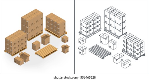 Vector illustration. Set of contour and colorful icons of cardboard boxes on pallets, open and closed on a white background. Isometric, 3D. outline