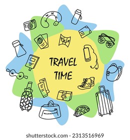 conjunto de ilustraciones vectoriales de iconos de doodle de contorno - elementos de viaje. Conjunto de imágenes de viaje turístico