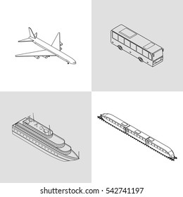 Vector illustration. Set of contour icons of passenger transport. Plane, train, ship, bus. Isometric, 3D.