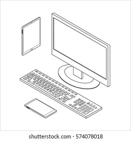   Vektorgrafik. Satz von Kontursymbolen elektronischer Geräte. Computer, Smartphone, Tablet. Isometrisch, 3D.