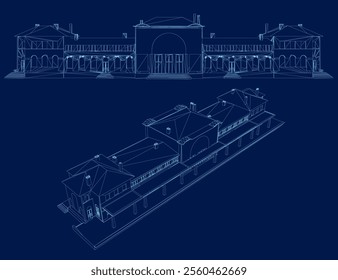 Vector Illustration of set contour large plantation house. Front, isometric view. Vector illustration