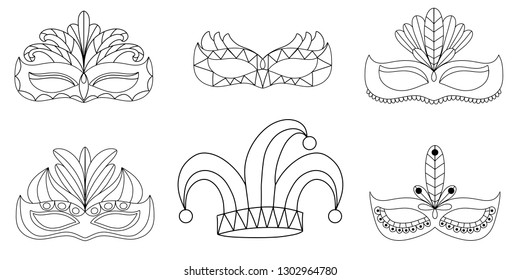 Vector illustration with set of contours of masks eps10 for Mardi gras carnival poster, brochure, logo, greeting card, party invitation. Fat tuesday mask with feathers in black and white colors.