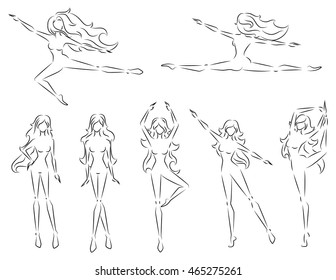 vector illustration set contours of silhouettes of beautiful girls in different poses on a white background