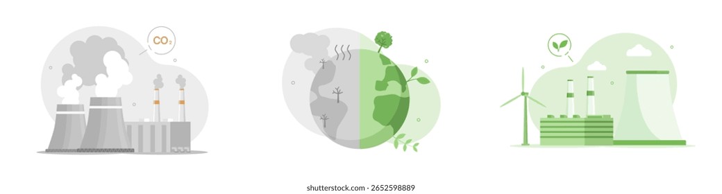 Vector illustration set contrasting pollution and climate change effects with renewable energy and sustainability solutions, featuring factory emissions and clean energy sources.