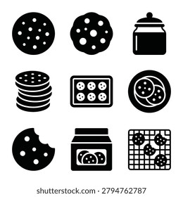 Vector illustration set of cookie icons, including various cookie shapes, a cookie jar, a stack of cookies, and baking tray icons isolated on white background.