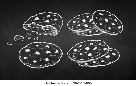 Vector illustration set of Cookies. Chalk drawing isolated on chalkboard background.