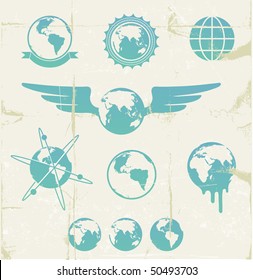 Vector illustration set of cool retro emblems with grunge Earth Map Globe