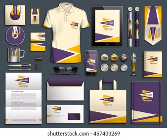 Vector illustration of a set of corporate style. Classical corporate style design of a template purple, yellow, white. A set of objects for business