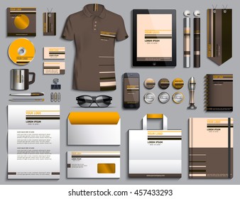 Vector illustration of a set of corporate style. Classical corporate style design of a template black, orange, brown, white. A set of objects for business