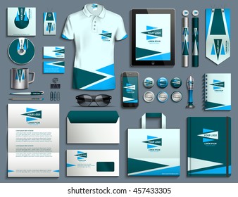 Vector illustration of a set of corporate style. Classical corporate style design of a template blue, green, white. A set of objects for business