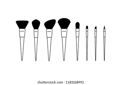Vector illustration set of cosmetic brushes for foundation, powder, lipstick, eyeshadow, blush and other make up products. Black on white silhouette
