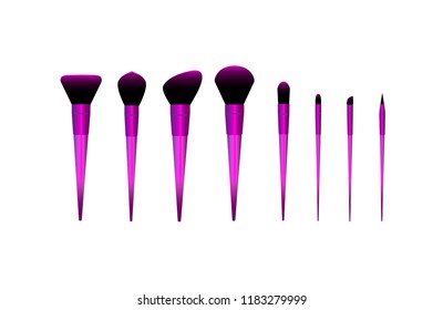 Vector illustration set of cosmetic brushes for foundation, powder, lipstick, eyeshadow, blush and other make up products. Violet and pink colors