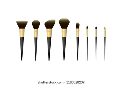Vector illustration set of cosmetic brushes for foundation, powder, lipstick, eyeshadow, blush and other make up products. Black and gold colors