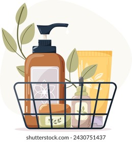 Vector illustration of a set of cosmetic products, creams, serums in a metal basket. Beauty, skin care, body care, cleansing concept.