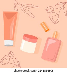 Vector illustration set of cosmetics for care, perfume, cream tonal, on a pink floral background. The image is suitable for elephant beauties, cosmetics stores