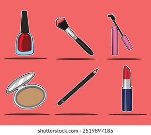 A vector illustration set of cosmetics, including lipsticks, brushes, eyeshadow palettes, and bottles. Featuring a clean, modern design with soft colors, it's perfect for beauty, fashion