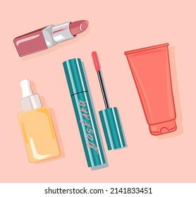 Vector illustration set of cosmetics for makeup and care. Mascara, foundation cream, lipstick. The image is suitable for elephant beauties, cosmetics stores