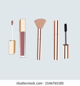 Vector illustration of a set of cosmetics. Mascara, face brush, lip gloss. Beauty make up banner template.