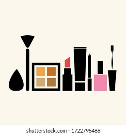 Vector illustration with a set of cosmetics: nail polish, mascara, pencil, cream, lipstick, eye shadow, brush and sponge. Set for female makeup.