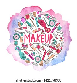 vector illustration set of cosmetics on a watercolor background.  A set of cosmetics - lipstick, mascara, comb, shadows, a brush, a hairspray, a lipgloss