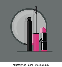 Vector illustration. A set of cosmetics on a gray background , pink lipstick, mascara, mirror.