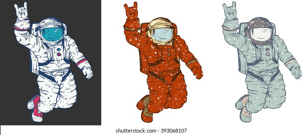 Vector illustration of set with cosmonaut, astronaut on white background. Vintage design for shirt, T-shirt.