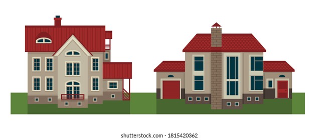 Conjunto de ilustraciones vectoriales. Casa de campo, mansión, villa, rancho, finca, casa de campo. Estilo plano 