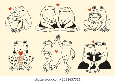 Vector illustration set with couples of frogs or toads dancing, reading, hugging together. Cute and funny inspirational print design, home decoration poster, greeting card template, apparel print 