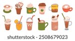 Vector illustration set of cozy autumn drinks in various mugs, collection for fall season. The cartoon hand drawn designs of hot beverages like coffee, tea, pumpkin spice latte, cafe menu