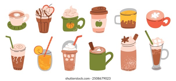 Vector illustration set of cozy autumn drinks in various mugs, collection for fall season. The cartoon hand drawn designs of hot beverages like coffee, tea, pumpkin spice latte, cafe menu