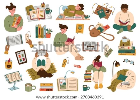 Vector illustration set with cozy reading moments and book accessories. Flat cartoon people with books in various poses, bookmarks, study scenes, stacks, cozy nooks for warm self care collection