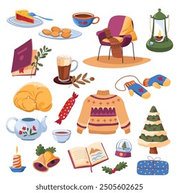 Vector illustration of a set of cozy winter hygge items, including a sweater, mittens, and hot drinks. Ideal for winter-themed designs, seasonal decor, or holiday projects.