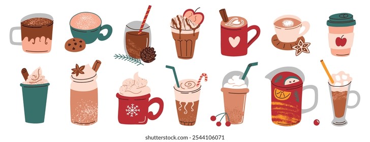 Vektorgrafik-Set von gemütlichen Wintergetränken in Tassen und Bechern, Kaffee mit Schlagsahne, Zuckerrohr, Zimt und Anis. Heiße Schokolade, Glühwein für festliche Weihnachtsstimmung im flachen Cartoon-Stil